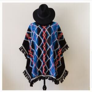 Molina VINTAGE Folk Mexican Western Aztec Fringe Poncho Boho Festival Black Red